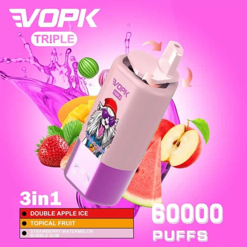 Pubblicità colorata per un dispositivo Vopk Triple Vape con illustrazione di un gatto in stile cartone animato, raffigurante immagini di frutta come mela, fragola, anguria e mango, che evidenziano tre gusti e 60.000 boccate su uno sfondo rosa.
