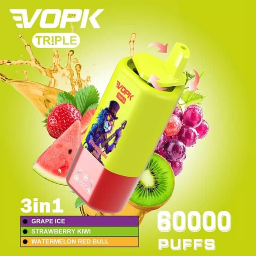 Dispositivo colorato Vopk Triple Vape con un personaggio dei cartoni animati, circondato da frutti che rappresentano i gusti Grape Ice, Strawberry Kiwi e Watermelon Red Bull, con testo che evidenzia i gusti 3 in 1 e 60.000 tiri.