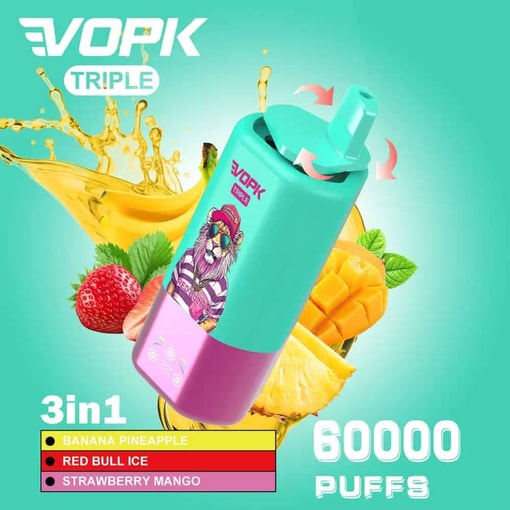 Colorato dispositivo Vopk Triple Vape con grafica di un leone in stile cartone animato, circondato da immagini di banana, ananas, fragola e mango, che pubblicizza tre gusti e una capacità di 60.000 tiri.
