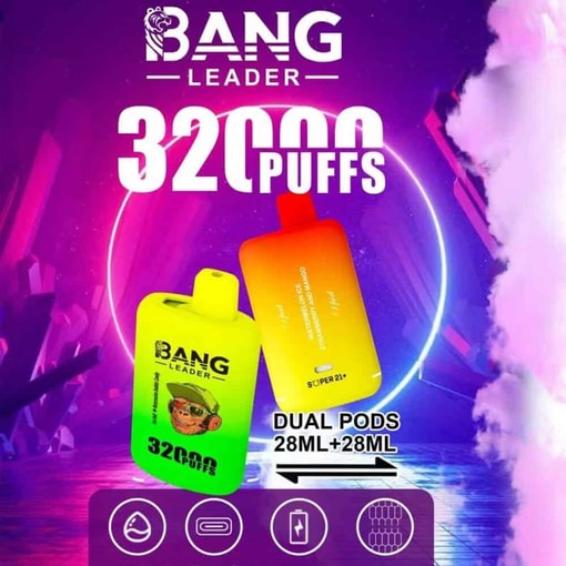 Advertentie voor Bang Leader 32000 wegwerp-vape-apparaten met twee kleurrijke vape-units met tekst die 32.000 trekjes markeert, dubbele pods (28 ml + 28 ml) en een achtergrond met neonlichten en dampwolken.