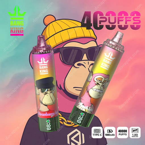 Two Bang King disposable vape devices with cartoon gorilla designs in front of a colorful background showing a stylized gorilla wearing sunglasses and a yellow beanie, with product features and '40000 puffs' highlighted.