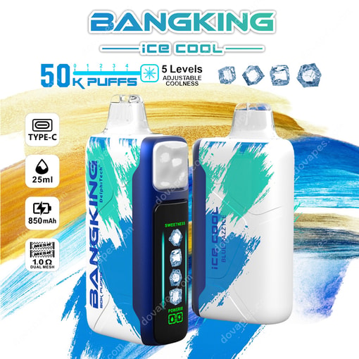 Dos vaporos desechables para el hielo de hielo en un diseño de pintura azul y blanco, con iconos y texto que resaltan 50,000 bocanadas, 5 niveles de frialdad ajustables, 25 ml de capacidad, batería de 850 mAh, carga tipo C y bobina de doble malla.