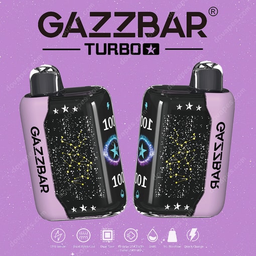 Two Gazzbar Turbo Disposable Vape Devices With A Purple And Black Cosmic Star Design And Constellation Graphics, Displayed Against A Purple Background With Product Branding And Icons.
