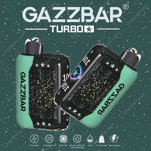 Two Gazzbar Turbo Vape Devices With Green Sides And A Starry Constellation Design On A Dark Background, Featuring Branding And Product Icons For Features Like Dual Mesh Coil, 5% Nicotine, And Quick Charge.