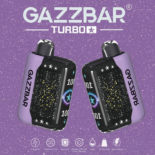 Two Gazzbar Turbo Vape Devices With Black, Star-Studded Fronts And Purple Sides, Displayed Against A Speckled Purple Background With Branding And Product Icons Beneath.