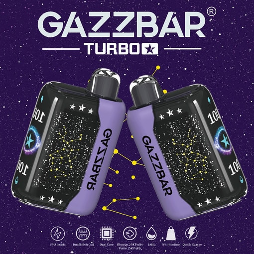 Two Gazzbar Turbo Vape Devices With Starry Purple Backgrounds, Constellation Graphics, And Product Specs Showcased Below.