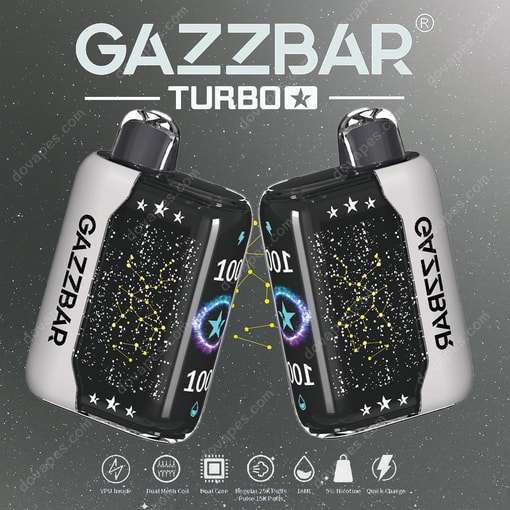 Two Gazzbar Turbo Vape Devices With Constellation-Themed Designs, Set Against A Starry Background With Product Features Displayed Below.