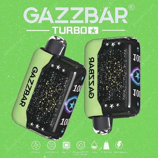Two Gazzbar Turbo Vape Devices With Green Backgrounds, Featuring Star Constellation Graphics And Blue Star Emblems On Their Black Panels.