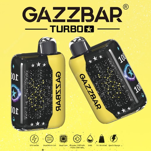Two Yellow And Black Gazzbar Turbo Vape Devices With Constellation Patterns, 100 Indicator, And Branding, Displayed Against A Yellow Background With Product Features Listed Below.
