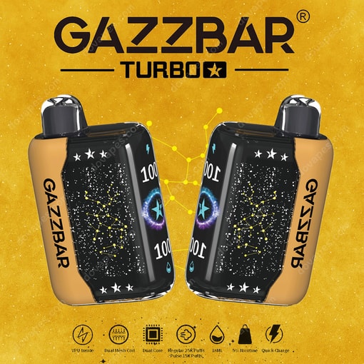 Two Gazzbar Turbo Vape Devices With Star Constellation Graphics And Yellow Accents Displayed Against A Yellow Background With Branding And Product Feature Icons.