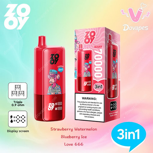 Red Zooy Disposable Vape Device And Its Packaging Featuring A Cartoon Character, Labeled With 10,000 Puffs, 3-In-1 Flavors (Strawberry Watermelon, Blueberry Ice, Love 666), And Display Screen Features, On A Pastel Gradient Background.