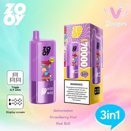 Purple Zooy Disposable Vape Device And Its Packaging With A Cartoon Monkey Design, Labeled 3In1 With 10,000 Puffs, Trio Of Flavors (Watermelon, Strawberry Kiwi, Red Bull), And Icons For Triple Coil And Display Screen.
