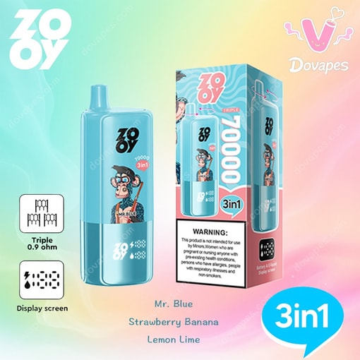 Blue Zoovy Disposable Vape Device And Its Packaging Featuring A Cartoon Character, Displaying '10,000 Puffs 3In1', And Flavor Options Mr. Blue, Strawberry Banana, And Lemon Lime, On A Pastel Gradient Background.