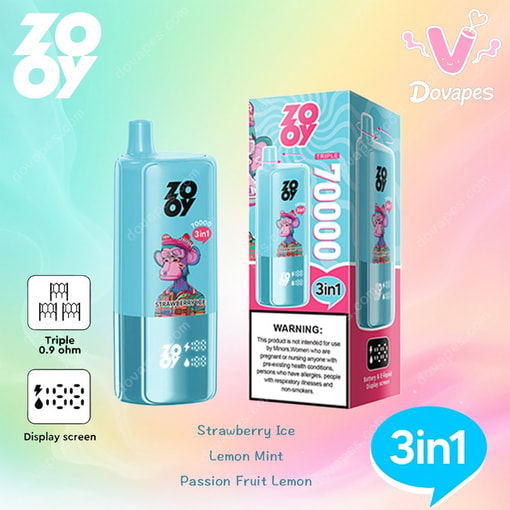 Colorful Promotional Image For Zooy 3-In-1 Disposable Vape Showing The Device With A Cartoon Monkey, Packaging, Key Product Features, Warning Label, And Available Flavors: Strawberry Ice, Lemon Mint, And Passion Fruit Lemon.