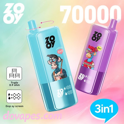 Twee kleurrijke wegwerp-vapes met het label ZOOY, met cartoonapen en de smaaknamen 'MR. BLUE' en 'WATERMELON', met '3 in 1', '70000' en technische iconen op een pastelkleurige achtergrond.