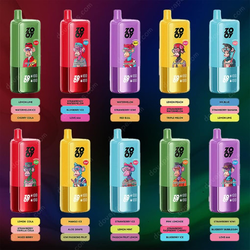 Nine Colorful Vape Devices, Each With Cartoon Character Illustrations And Labeled With Various Flavor Combinations Such As Lemon Lime, Watermelon Ice, Cherry Cola, Strawberry Watermelon, Blueberry Ice, Love 666, And More, Arranged In A 3X3 Grid Against A Gradient Background.