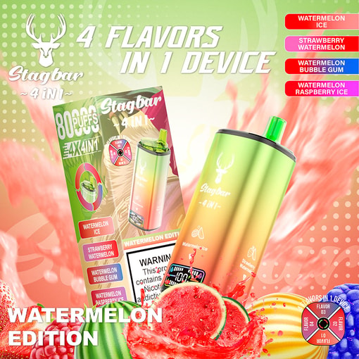 Promotional Image For Stagbar 4-In-1 Vape Device, Featuring A Green And Gold Vape Surrounded By Watermelon, Strawberries, And Gum Illustrations, Highlighting Four Flavors: Watermelon Ice, Strawberry Watermelon, Watermelon Bubble Gum, And Watermelon Raspberry Ice.