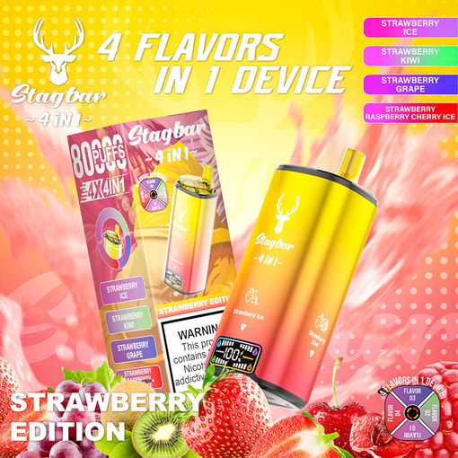 Promotional Image For Stagbar 4-In-1 Vape Device With Yellow And Red Gradient Design, Highlighting Four Strawberry-Themed Flavors And Featuring Strawberries, Grapes, Kiwi, And Raspberries In The Background.