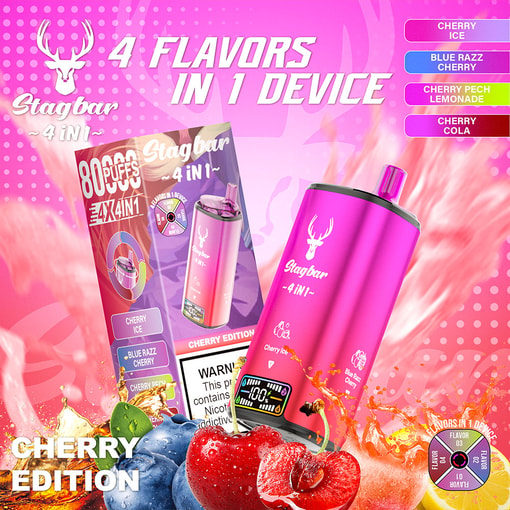 Promotional Image For The Stagbar 4 In 1 Cherry Edition Vape Device, Showing A Pink Vape With Four Selectable Cherry-Flavored Options, Surrounded By Colorful Fruit And Splash Graphics.