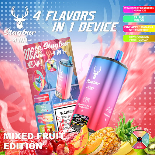 Colorful Advertisement For Stagbar 4-In-1 Vape Device, Featuring Mixed Fruit Edition With Four Flavors—Strawberry Raspberry Cherry Ice, Triple Melon, Pineapple Banana Strawberry, And Kiwi Passion Fruit Guava—Set Against A Vibrant Background With Fruit Images And Product Details.