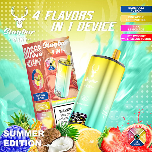 Stagbar 4-In-1 Vaping Device Summer Edition Featuring Four Flavors—Blue Razz Fusion, Pineapple Coconut Ice, Pink Lemonade, And Strawberry Watermelon Fusion—With Vibrant Fruit Graphics And Product Packaging.