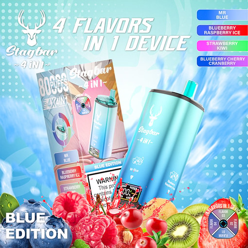 Stagbar 4-In-1 Disposable Vape Device In Blue Edition, Featuring Four Flavors (Mr Blue, Blueberry Raspberry Ice, Strawberry Kiwi, Blueberry Cherry Cranberry), Surrounded By Images Of Fruits With A Highlighted 8000 Puffs And A Warning Label.
