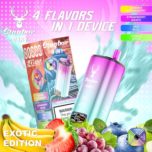 Promotional Image For The Stagbar 4-In-1 Exotic Edition Vape Device Featuring Four Flavors (Banana Strawberry, Strawberry Grape, Red Bull, Double Apple), With A Colorful Vape, Flavor Icons, And Assorted Fruits In The Foreground.