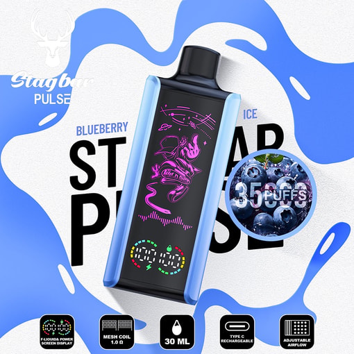 Promotional Image For Stagbar Pulse Blueberry Ice Vape Device, Featuring The Device With Led Display, Blueberry Graphics, And Icons For Features Including 3500 Puffs, Mesh Coil, 30Ml Capacity, Type-C Recharge, And Adjustable Airflow.