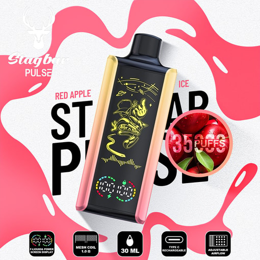 Promotional Image For Stagbar Pulse Disposable Vape In Red Apple Ice Flavor, Showing The Vape Device With Yellow Graphic Design, Product Features Icons, And A Close-Up Of Red Apples Labeled 35,000 Puffs.