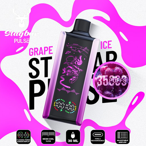 Stagbar Pulse Vape Device In Grape Ice Flavor With Vibrant Purple Accents, Digital Display Features, And Grape Imagery Highlighted With The Text '35,000 Puffs'.
