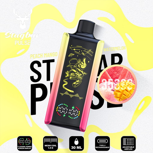Stagbar Pulse Vape Device In Peach Mango Watermelon Flavor With A Colorful Design, Product Features Including Power Screen Display, Mesh Coil, 30 Ml Capacity, Type-C Rechargeable, And Adjustable Airflow Displayed At The Bottom, Along With Fruit Visuals And Bold Branding.