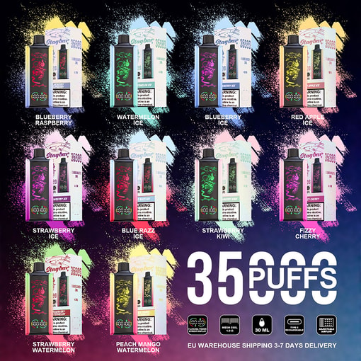 Product Display Of Twelve Stagbar Disposable Vape Devices In Various Flavors, Each Pictured With Its Packaging, Against A Colorful Paint Splash Background With Large Text Promoting 35,000 Puffs And Eu Warehouse Shipping.