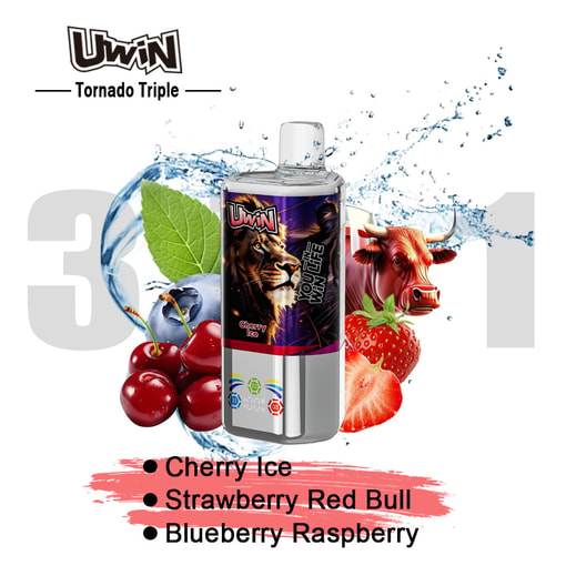 Bottiglia Uwin Tornado Triple con grafica di leone e ghiaccio, circondata da ciliegie, mirtilli, fragole, una foglia di menta e una lattina di Red Bull, che mette in evidenza i gusti Cherry Ice, Strawberry Red Bull e Blueberry Raspberry.