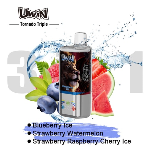 Bottiglia Uwin Tornado Triple con grafica di leone, circondata da schizzi d’acqua, mirtilli, fragole, lamponi, anguria e testo con i gusti: Blueberry Ice, Strawberry Watermelon e Strawberry Raspberry Cherry Ice.
