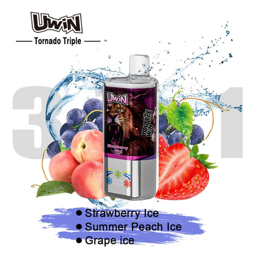 Dispositivo Uwin Tornado Triple mostrato con schizzi d’acqua, circondato da fragole, pesche e uva per illustrare i gusti Strawberry Ice, Summer Peach Ice e Grape Ice.