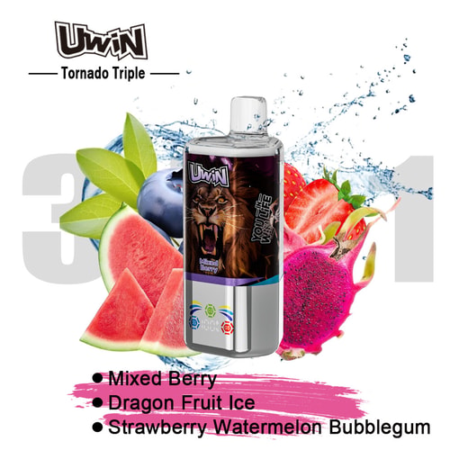 Dispositivo Uwin Tornado Triple con grafica di leone sull’etichetta, circondato da mirtilli, anguria, fragole e frutto del drago, che evidenzia i gusti Mixed Berry, Dragon Fruit Ice e Strawberry Watermelon Bubblegum.