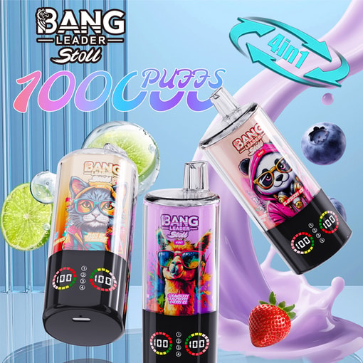 Three BANG Leader Soul 4-in-1 vape devices featuring colorful animal illustrations, surrounded by splashes of fruit and berry flavors, with bold text highlighting 10000 puffs.