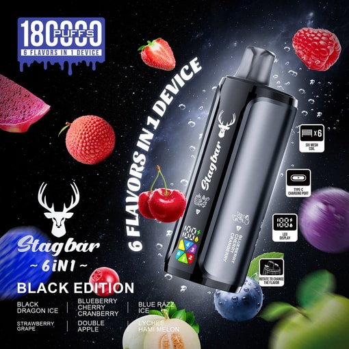 Stag Bar 180000 Black Edition Packaging With Dark Fruit, Ice, And Exotic Flavor Combinations