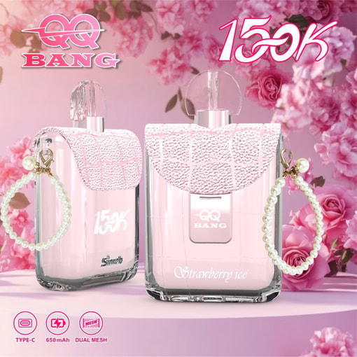 Side Angle Of Qq Bang Perfume 150K Vape Highlighting Ergonomic Bottle Shape And Draw-Activated Mouthpiece