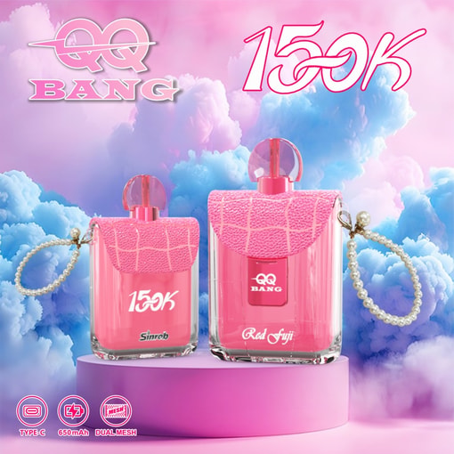 QQ Bang Perfume 150K wegwerp vape in strak parfum-geïnspireerd design met 150.000 trekjes, vooraanzicht met enkele smaakkamer en Type-C aansluiting