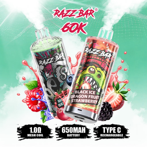 Dispositivo de vapeo desechable transparente Razz Bar 60000 con 60 000 inhalaciones y depósito de e-líquido visible de 20 ml