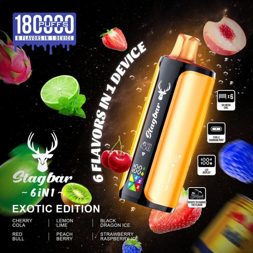Stag Bar 180000 Exotic Edition Box With Energy Drink, Cola, And Fruity Ice Blends