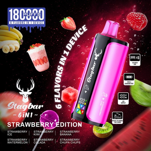 Stag Bar 180000 Strawberry Edition Package Showing Six Strawberry-Centric Flavors