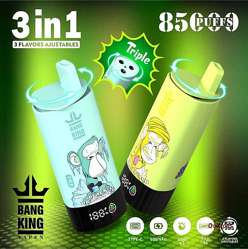 Bang King Vapen のプロモーション グラフィック。猿の顔が描かれたカラフルな使い捨て Vape デバイス 2 個を特集し、「3 in 1」の調整可能なフレーバー、85,000 回の吸引、Type-C 充電や 600 mAh バッテリーなどの機能を強調しています。