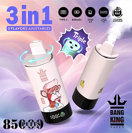 Bang King Triple 85000 3-In-1 使い捨て Vape の広告。2 つの Vape デバイス (1 つは漫画の猿、もう 1 つはフルーツのイラスト付き) を搭載し、調整可能な 3 つのフレーバー、USB-C 充電、600 mAh バッテリー、最大 8500 パフを特徴としています。