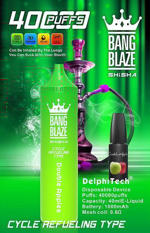 Advertisement For Bang Blaze Shisha Featuring A Green Disposable Vape Labeled 'Double Apples', A Hookah, And An E-Liquid Bottle With Apples, Highlighting 40,000 Puffs, 40 Ml E-Liquid, 1000 Mah Battery, And Mesh Coil Specifications.