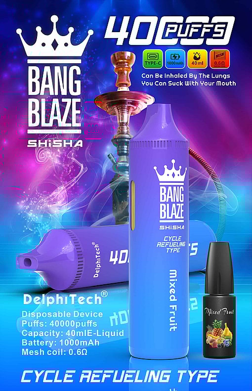 Advertisement For Bang Blaze Shisha Vape Device Featuring A Purple Disposable Device Labeled 'Mixed Fruit,' A Small Bottle Of E-Liquid, And A Hookah, With Product Details Highlighting 40,000 Puffs, 40Ml Capacity, 1000Mah Battery, And Mesh Coil.