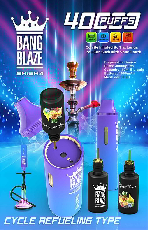 Promotional Poster For Bang Blaze Shisha Disposable Vape, Featuring A Purple And Blue Device, With Callouts For 40,000 Puffs, 40Ml E-Liquid Capacity, 1000Mah Battery, Type-C Charging, 0.6Ω Mesh Coil, And A “Cycle Refueling Type” System, Surrounded By Fruit Graphics And A Traditional Hookah In The Background.