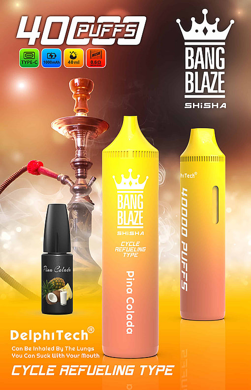Advertisement For Bang Blaze Shisha Vape Device In Piña Colada Flavor, Featuring A Yellow And Orange Disposable Vape, E-Liquid Bottle, Icons Highlighting 40,000 Puffs, Type-C Charging, 1000Mah Battery, 40Ml Capacity, And Mesh Coil, With A Hookah And Orange Background.