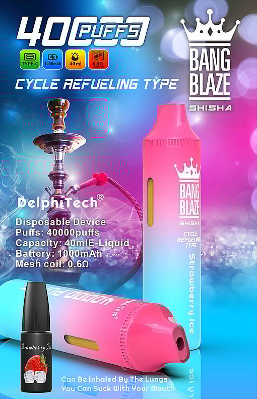 Promotional Image For Bang Blaze Shisha Featuring A Large Pink And Blue Disposable Vape Device Labeled 'Strawberry Ice,' Product Details Such As 40,000 Puffs, 40Ml E-Liquid Capacity, 1000Mah Battery, And 0.6Ω Mesh Coil, With A Hookah In The Background, Icons For Features, And A Small Strawberry-Flavored E-Liquid Bottle In The Foreground.